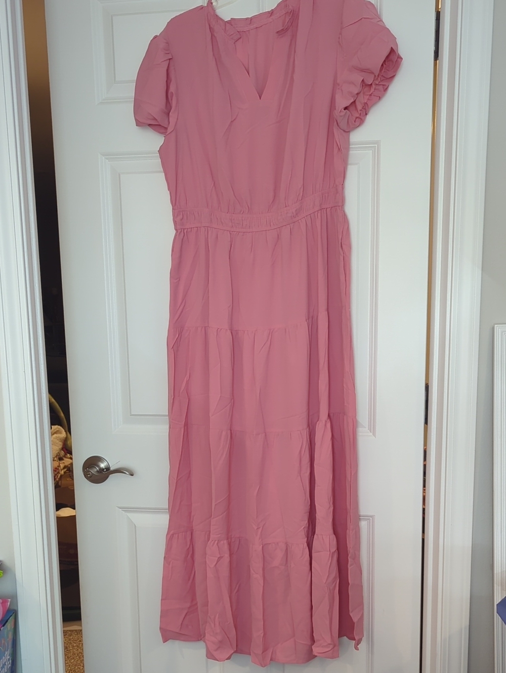 Women's Pink Tiered Maxi Dress with Puff Sleeves